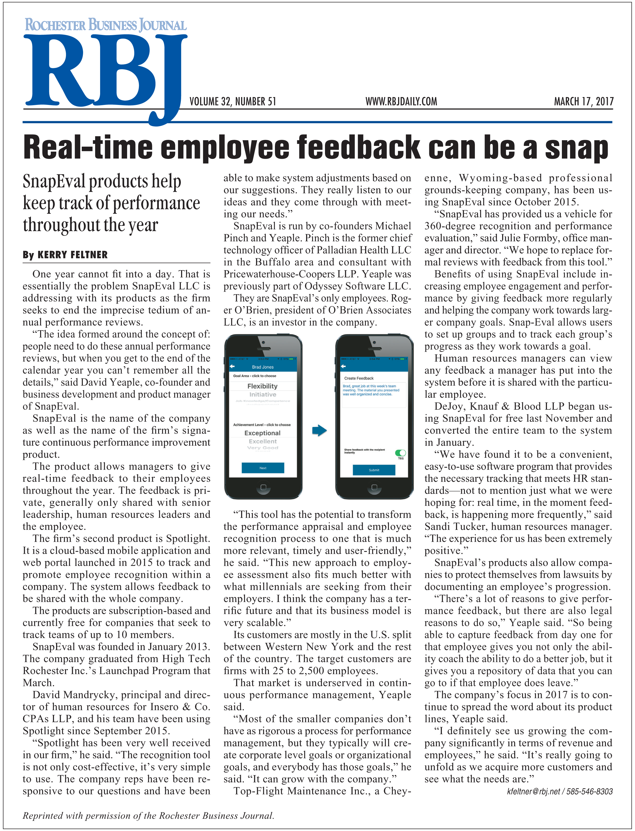 Rochester Business Journal Article: Real-time employee feedback can be a snap